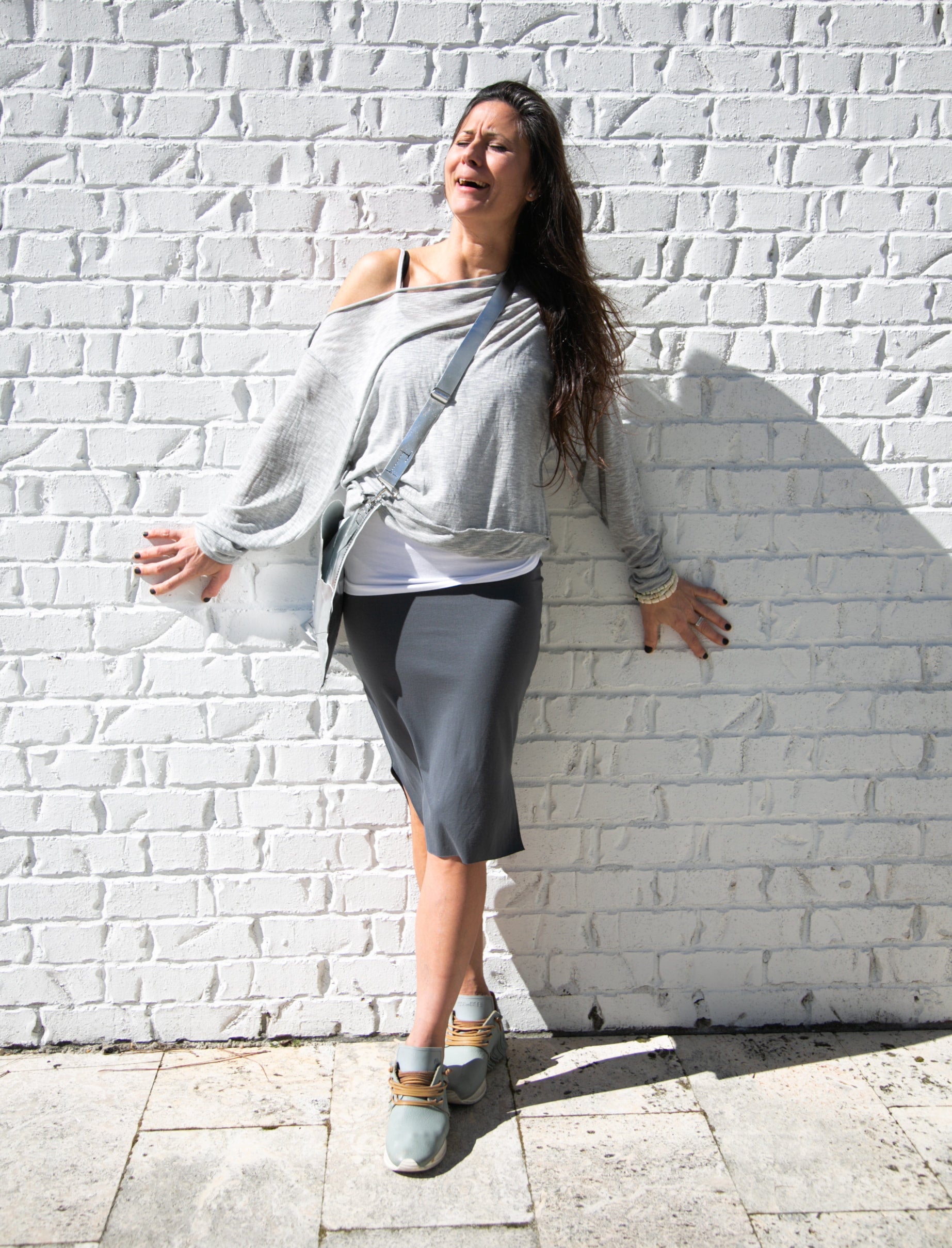Hinder Geheim Jasje pencil skirt in grey jersey | Nicole Paloma Original Handsewn Designs